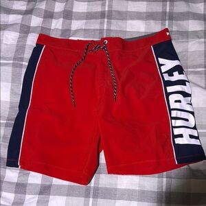 Hurley Red Board Shorts with Navy Stripe and Quick Dry Fabric